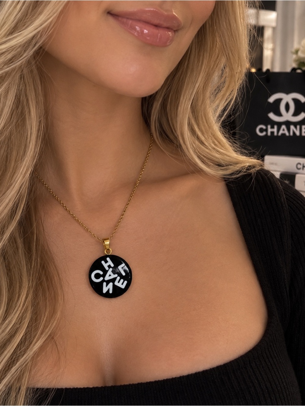 CHANEL stamped Black Logo Pendant charm or zipper pull - Picture 2 of 5